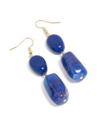 Gold Dark Blue Rectangular Beaded Drop Earrings - link has visual effect only
