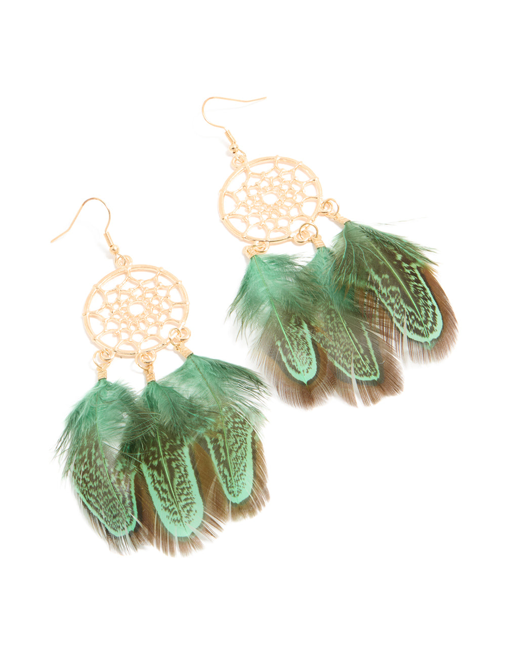 Gold Dream Catcher Feather Drop Earrings