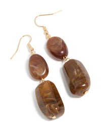 Gold Rectangular Brown Beaded Drop Earrings - link has visual effect only