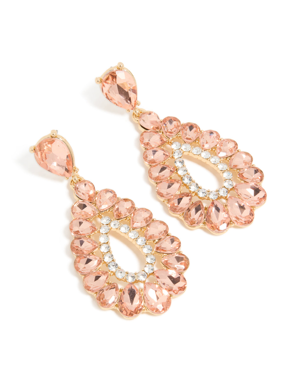 Showcasing gold pink and clear diamante elegant pear drop earrings with statement style front view