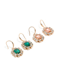 Gold Pink & Green Diamante Dainty Huggie Earrings 2-Pack - link has visual effect only
