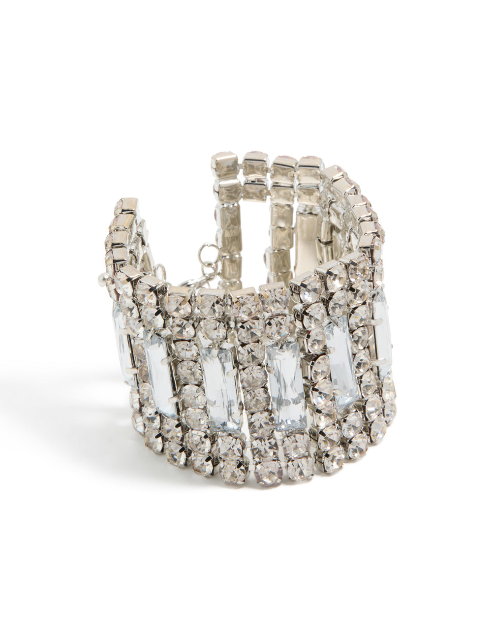 Crafted from silver featuring colossal diamantes in a statement bracelet front view