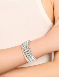 Showcasing a radiant diamante large wrist cuff in silver featuring statement bangle styling on wrist view - link has visual effect only