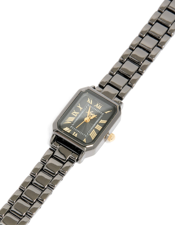 Black Coated Metal  Rectangle Roman Numeral Watch