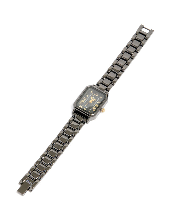 Black Coated Metal  Rectangle Roman Numeral Watch