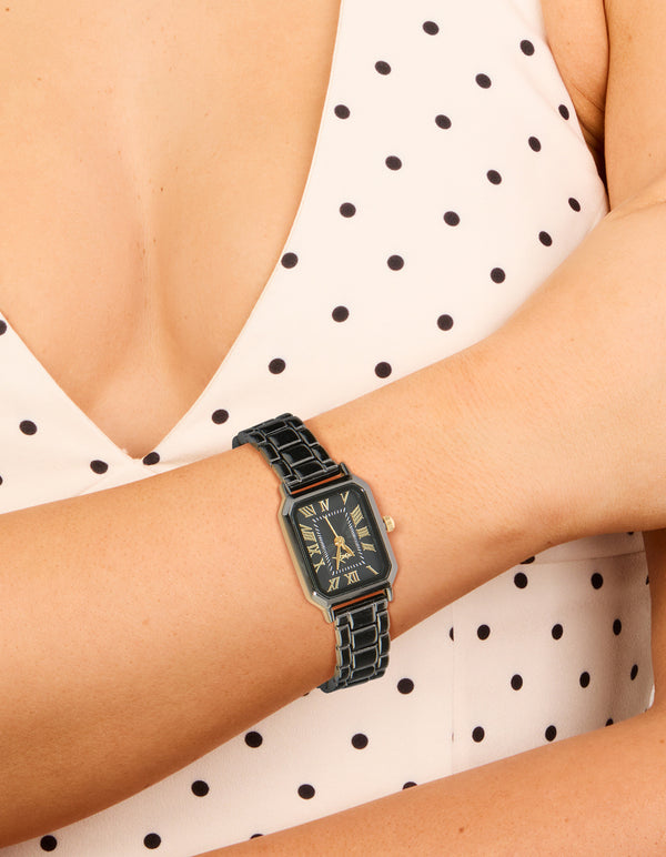 Black Coated Metal  Rectangle Roman Numeral Watch