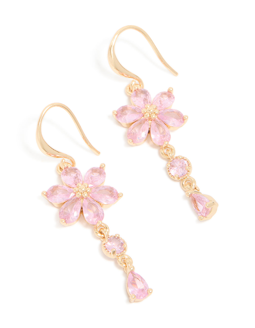 Featuring gold pink cubic zirconia flower hook earrings front view