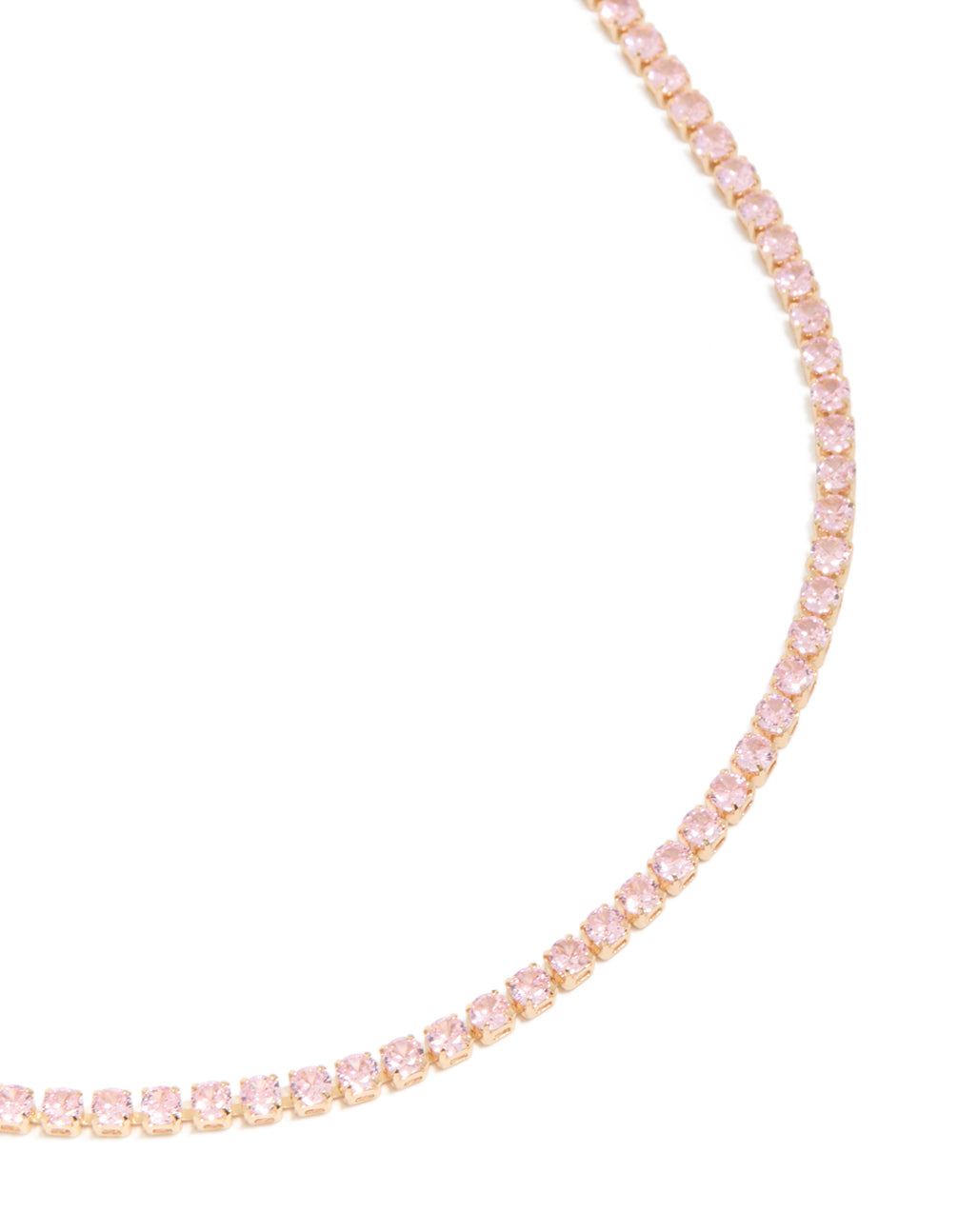 Beautifully crafted dainty gold cubic zirconia tennis necklace in light pink close up view