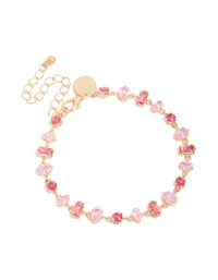 Elegant bracelet with light pink and hot pink cubic zirconia in a dainty gold design front view - link has visual effect only