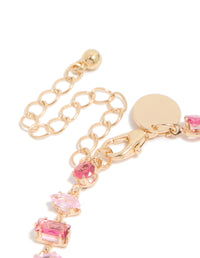 Gorgeous bracelet featuring light pink and hot pink cubic zirconia in a dainty gold design closure detail view - link has visual effect only