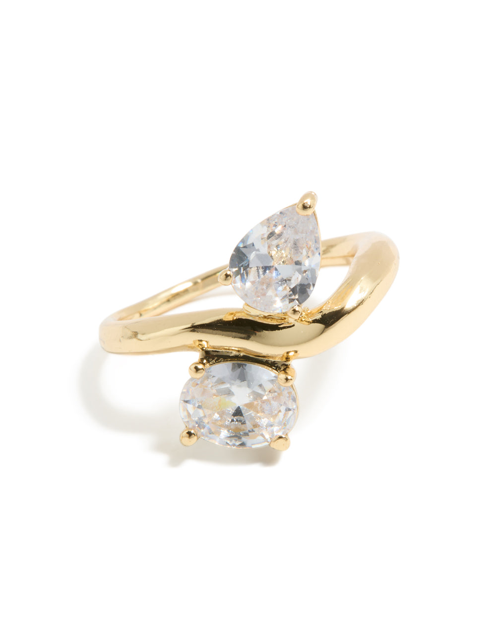 Featuring gold plated material and clear cubic zirconia with modern double statement design front view