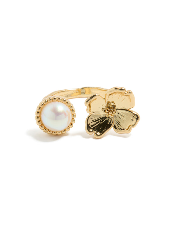 Gold Plated Pearl & Flower Ring