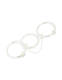 Featuring crystal, this silver plated cubic zirconia loop linked stacking ring set front view - link has visual effect only