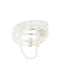 Designed with crystal accents, this silver plated cubic zirconia loop linked stacking ring set close up view - link has visual effect only