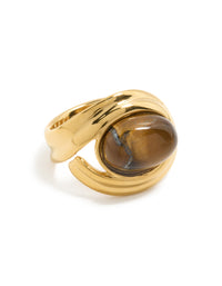 Waterproof Gold Plated Stainless Steel Brown Marble  Oval Ring - link has visual effect only