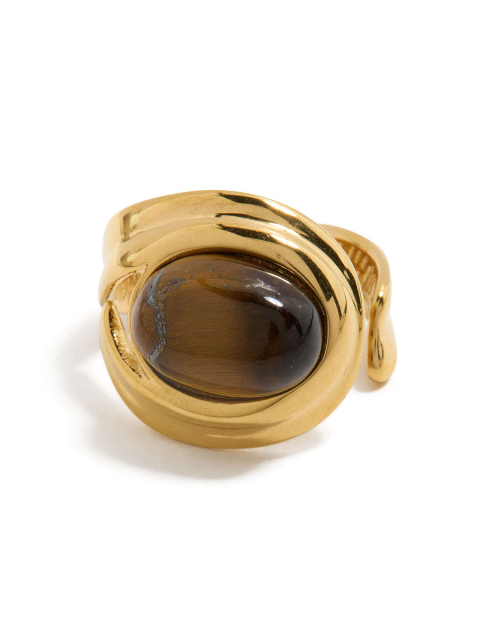 Designed with waterproof gold plated stainless steel featuring brown marble oval stone in statement style side detail view