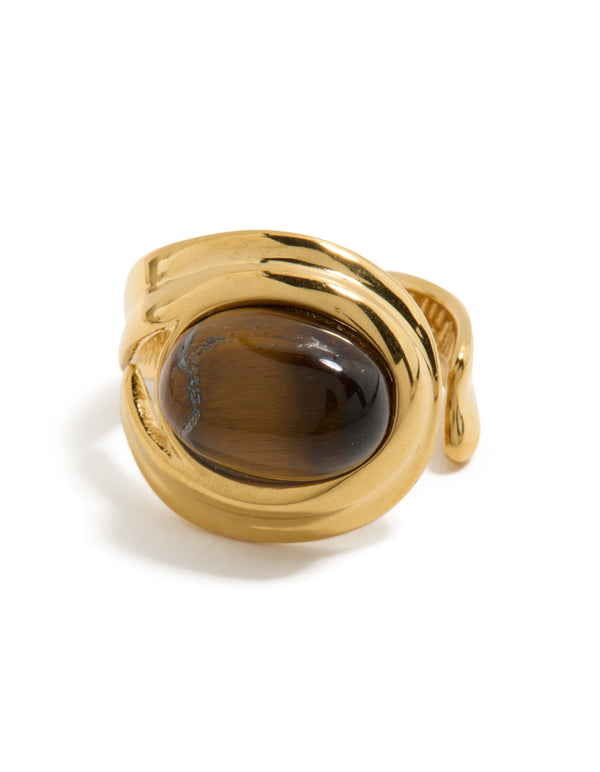 Designed with waterproof gold plated stainless steel featuring brown marble oval stone in statement style side detail view