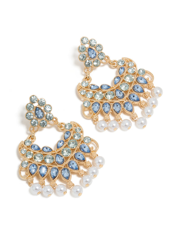 Gold Blue Diamante & Pearl  Statement Drop Earrings