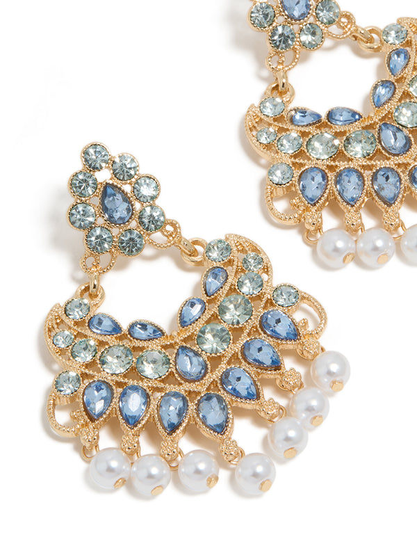 Gold Blue Diamante & Pearl  Statement Drop Earrings