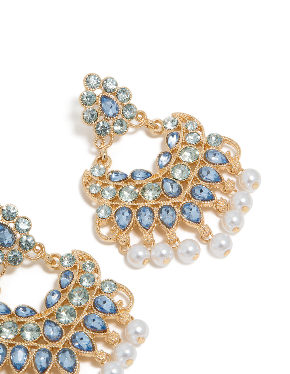 Finely crafted gold blue diamante and pearl statement drop earrings post detail view