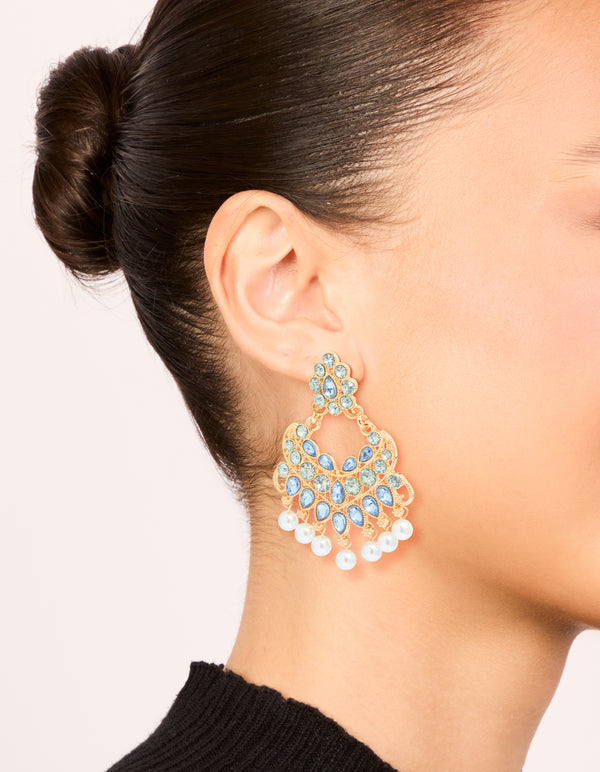 Gold Blue Diamante & Pearl  Statement Drop Earrings