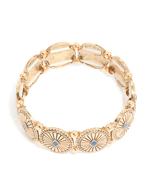 Antique Gold Blue Oval Disc Boho Stretch Bracelet