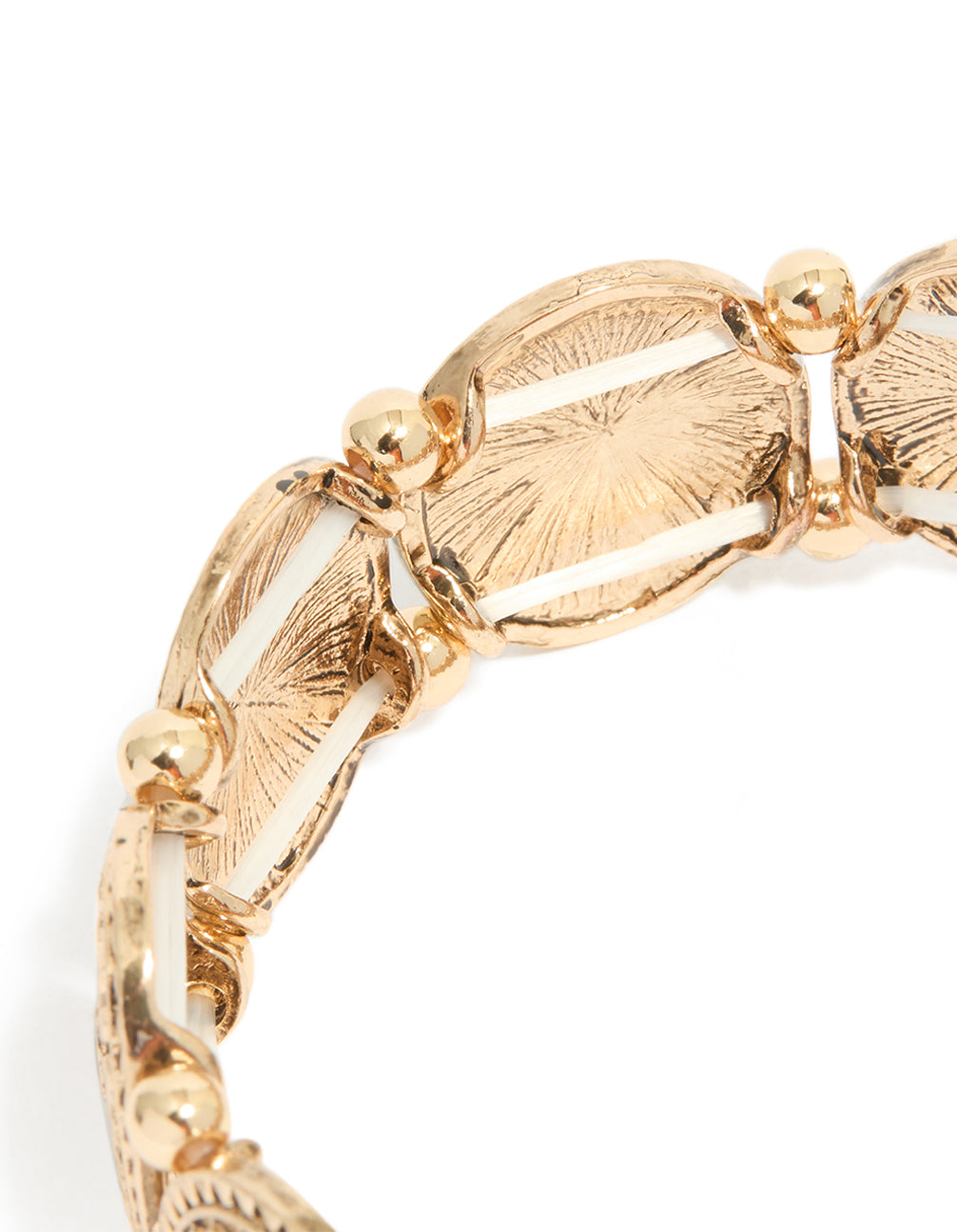 Presenting an antique gold blue oval disc boho stretch bracelet and light sky blue engraved details closure detail view