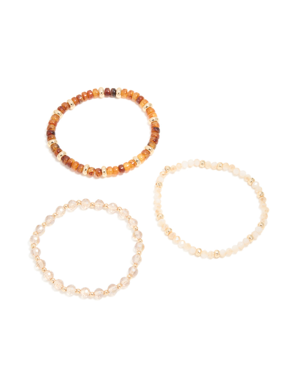 Elegant clear and brown beaded stretch bracelets 3-pack featuring gold accents front view