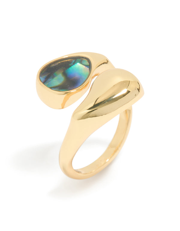Gold Plated Chunky Wrap Blue & Green Marbled Bar Stone Ring