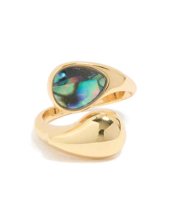 Gold Plated Chunky Wrap Blue & Green Marbled Bar Stone Ring
