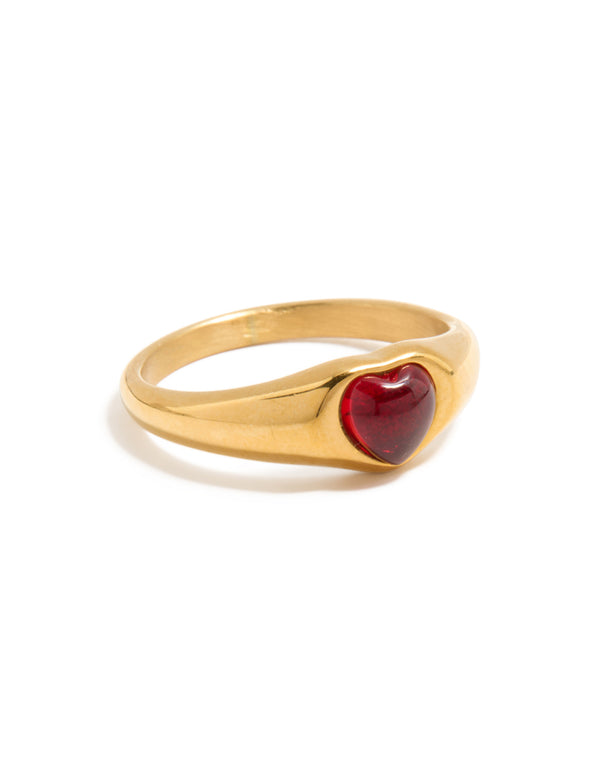 Featuring a waterproof gold plated stainless steel petite heart ring in crimson side detail view