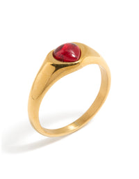 Crafted from waterproof gold plated stainless steel petite heart ring with crimson detailing close up view - link has visual effect only