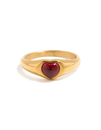 Elegant waterproof gold plated stainless steel petite heart ring in crimson front view - link has visual effect only