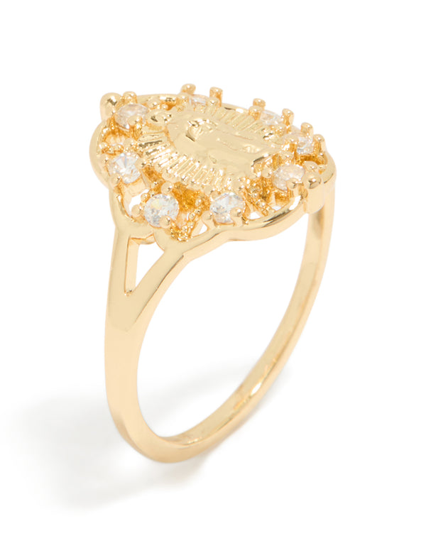 Crafted from gold plated material, this diamante Mother Mary motif ring features in statement style side detail view