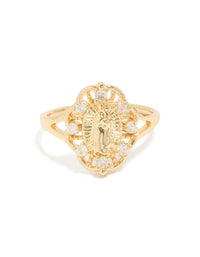 Designed with gold plated diamante Mother Mary motif featuring in statement style front view - link has visual effect only