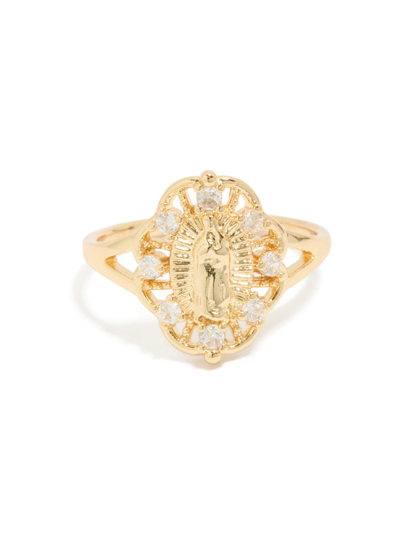 Designed with gold plated diamante Mother Mary motif featuring in statement style front view