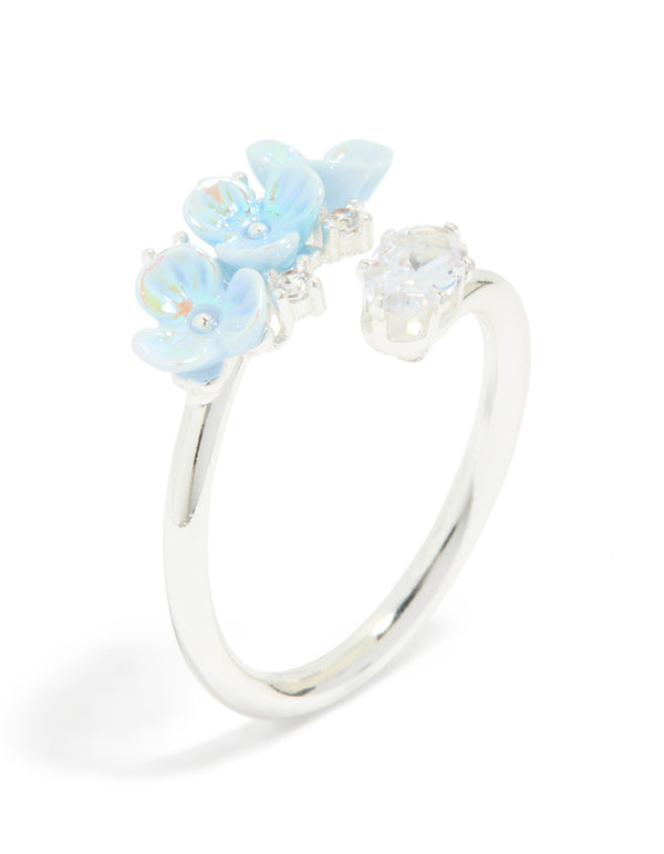 Crafted from silver plated material, this triple flower wrap ring in powder blue with statement styling side detail view