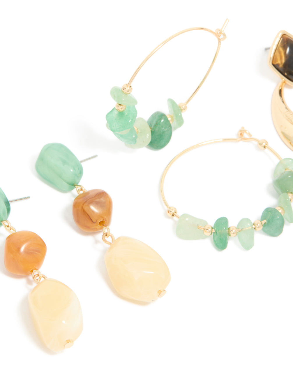 Featuring gold and green acrylic drop and hoop earrings in a 3-pack with beads in a close up view