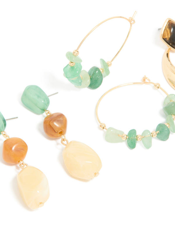 Gold & Green Acrylic Drop & Hoop Earrings 3-Pack