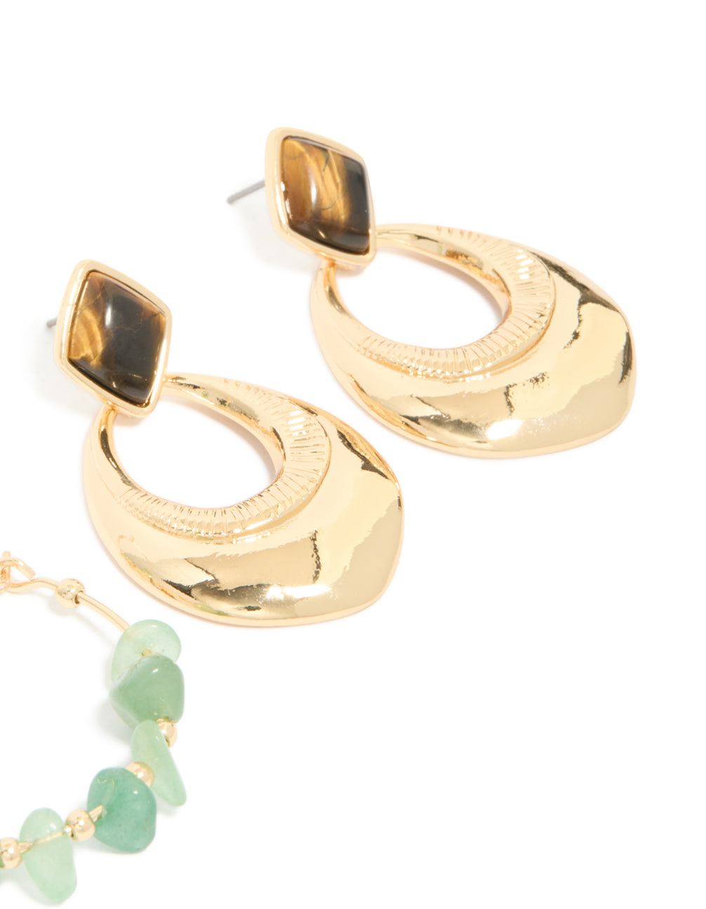 Crafted with gold and green acrylic drop and hoop earrings in a 3-pack featuring beads in a post detail view
