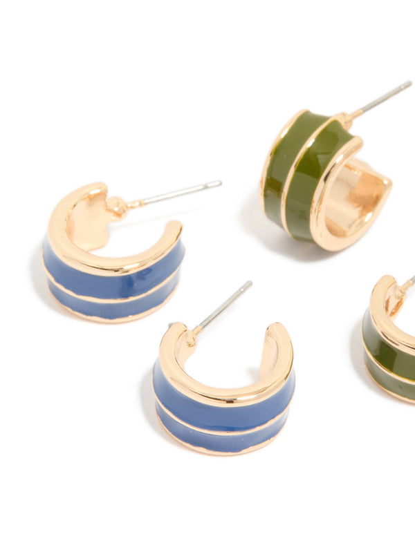 Gold Blue &  Green Enamel Small Hoop Earrings 3-Pack