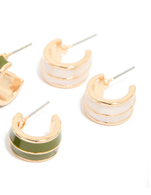 Gold Blue &  Green Enamel Small Hoop Earrings 3-Pack