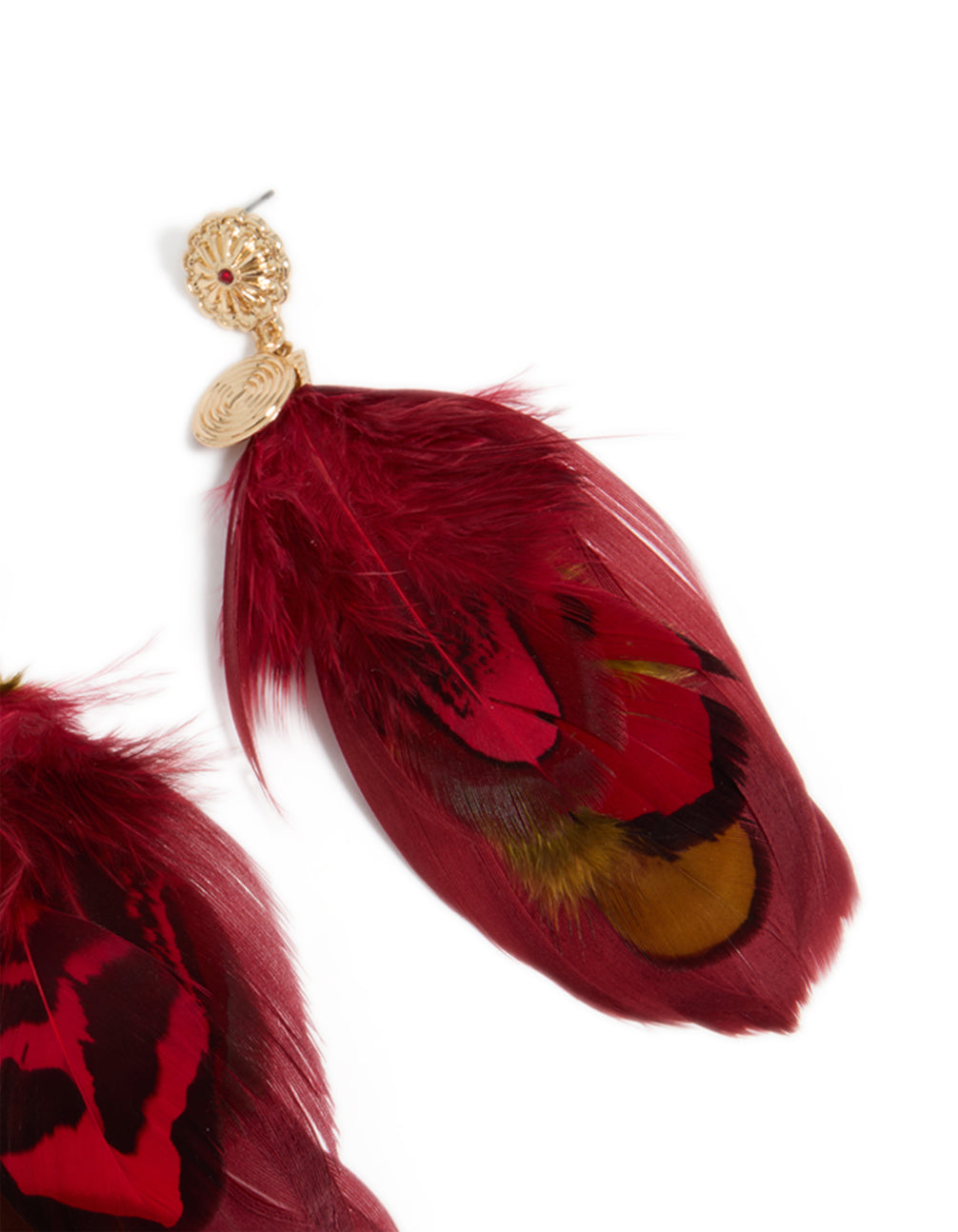 Designed with gold, hot pink and yellow feather, these drop earrings featuring statement style post detail view