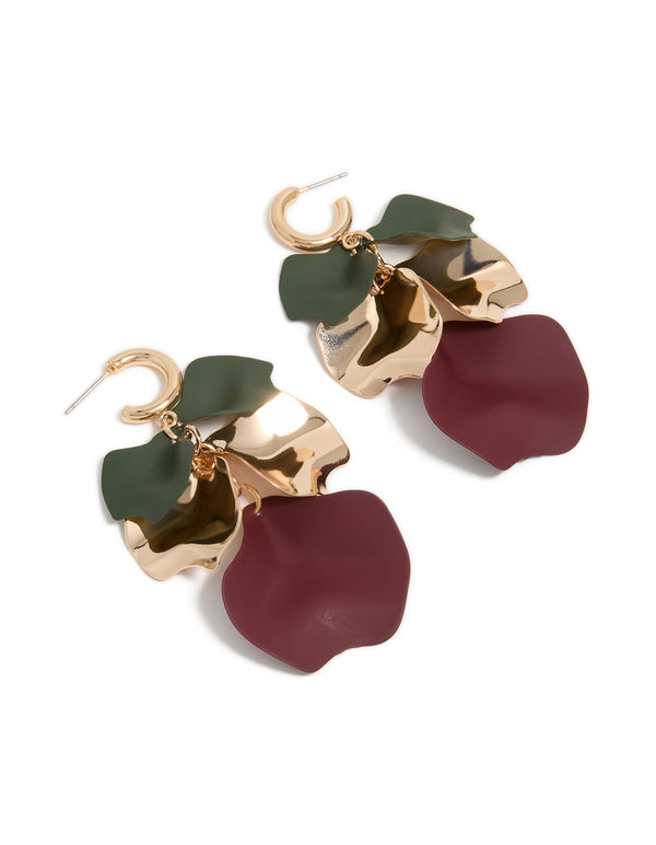Gold Green & Purple Five Petal Drop Earrings