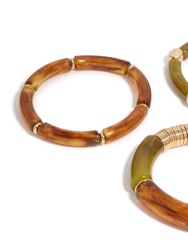 Gold Brown & Green Resin Stretch Bracelets 3-Pack