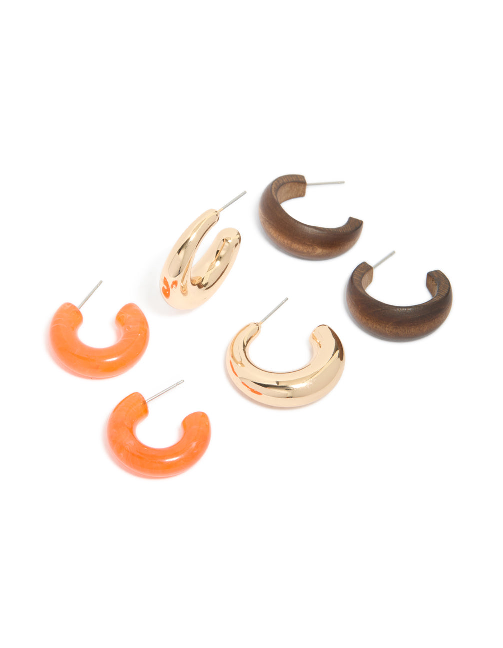 Discover this gold ,orange and brown acrylic and wood hoop earrings in a 3-pack with a front view