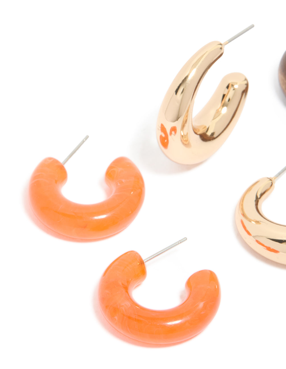 Beautifully crafted these gold ,orange and brown acrylic and wood hoop earrings in a 3-pack with a close up view