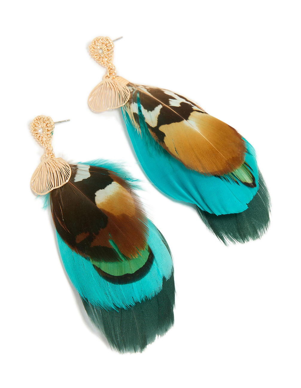 Featuring statement feather drop earrings in gold, turquoise, and brown tones front view