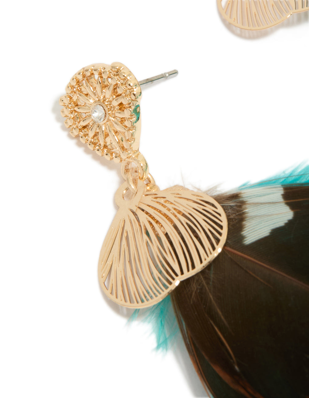 Showcasing statement feather drop earrings in gold with turquoise and brown accents close up view