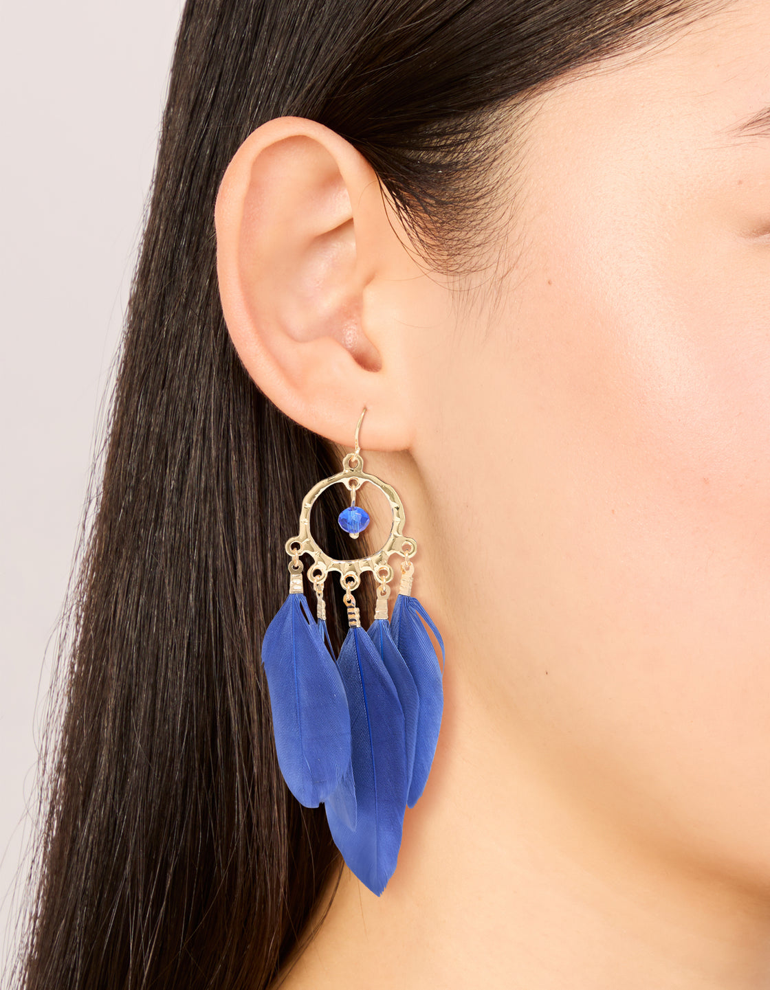 Gold Dark Blue Feather Dreamcatcher Earrings